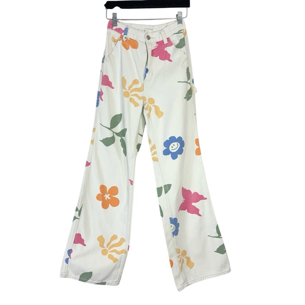 Pacsun White Floral Butterfly Retro Ultra High Rise Flare Jeans Women's Size 25